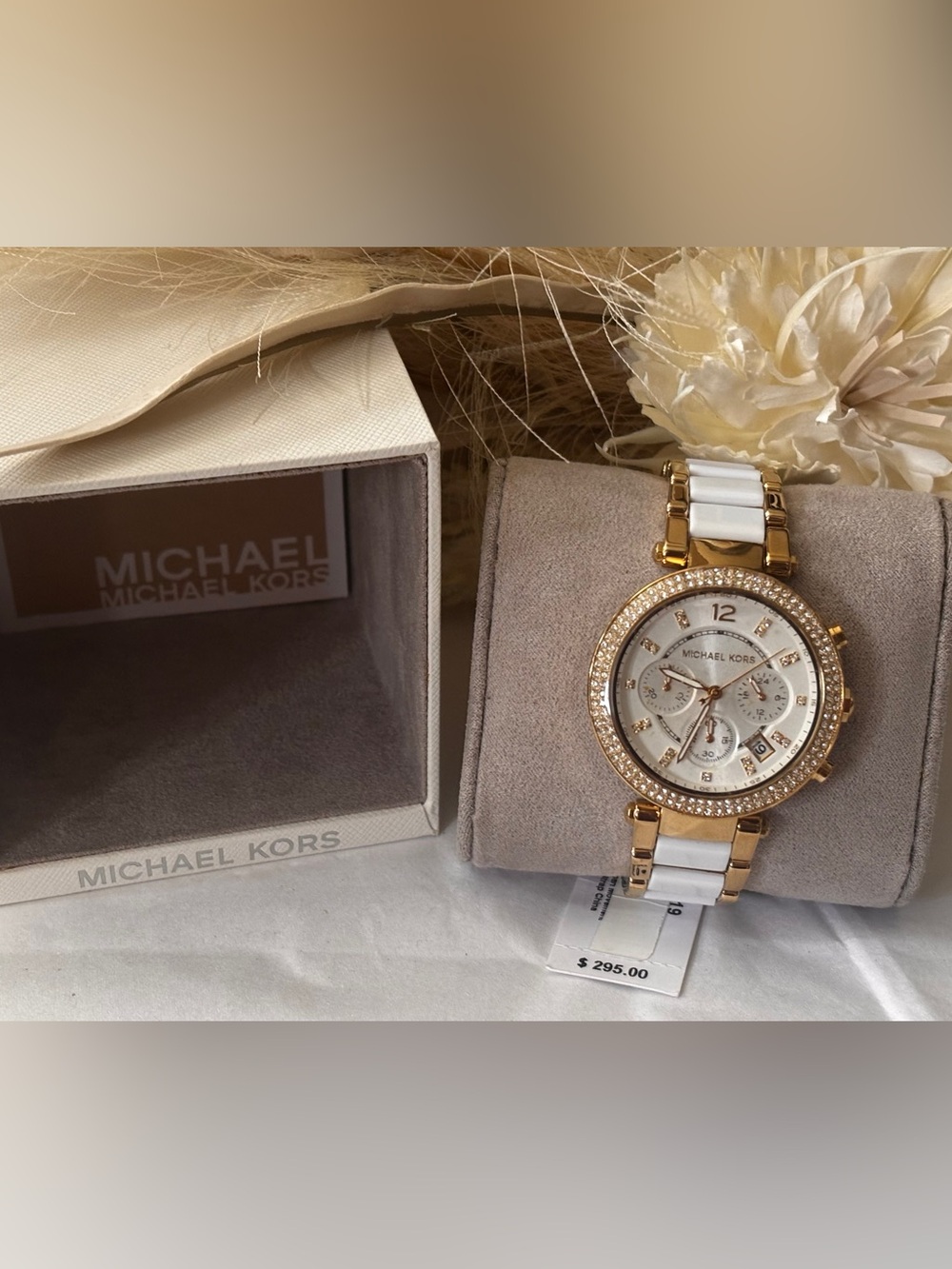 Michael Kors Parker MK6119 Chronograph Women's Gold Tone White Acetate Watch NEW